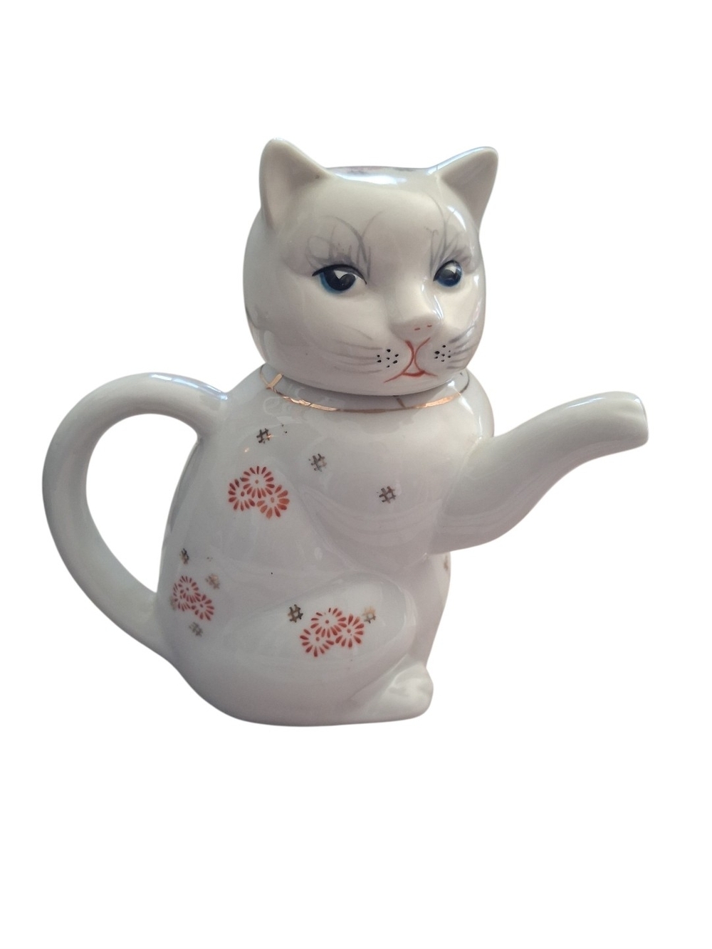 White Ceramic Lucky  Cat Teapot with Floral Accents